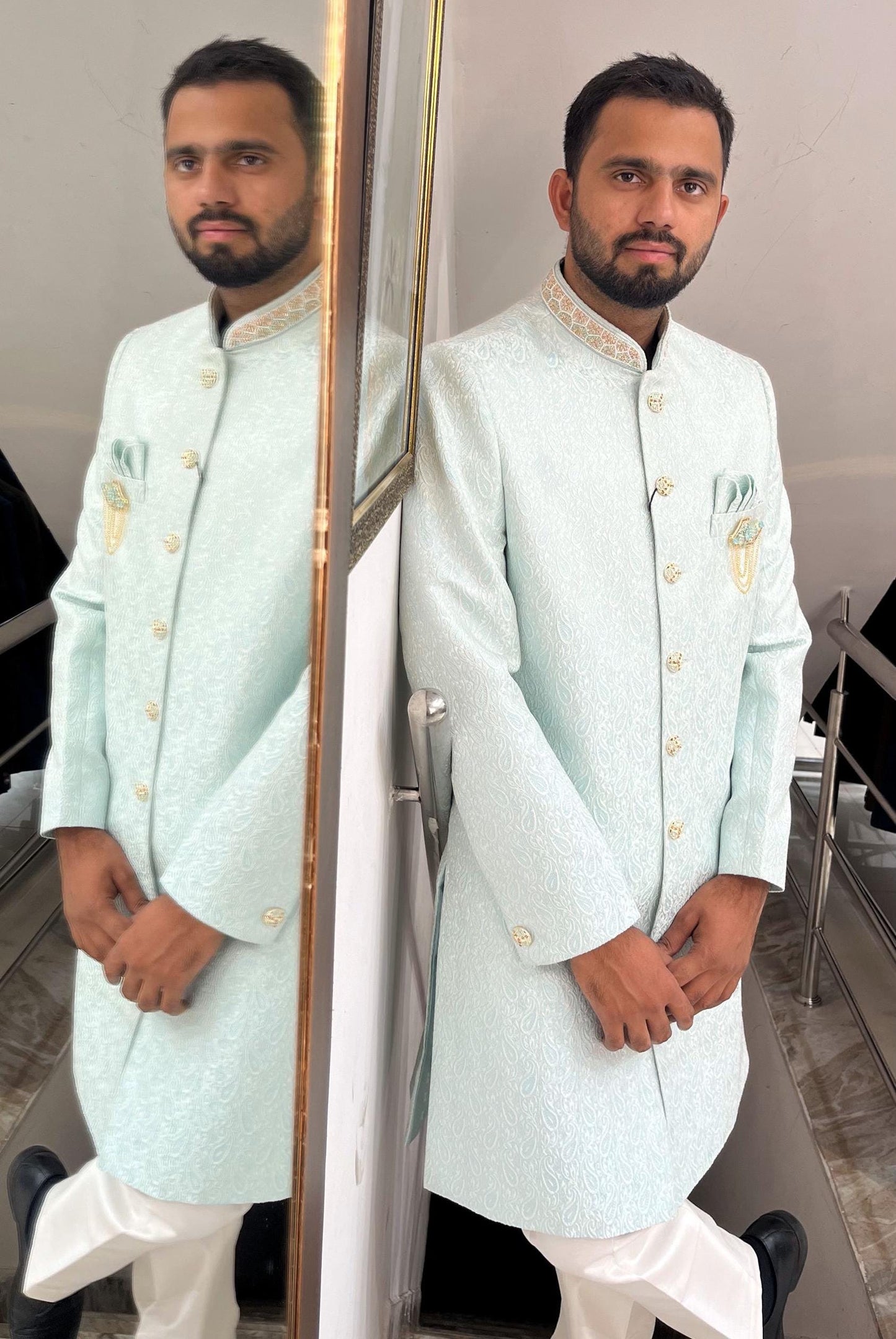 Powder Blue Indo Western Sherwani, Indian Groom Wedding Outfit