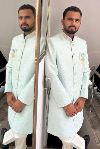 Powder Blue Indo Western Sherwani, Indian Groom Wedding Outfit