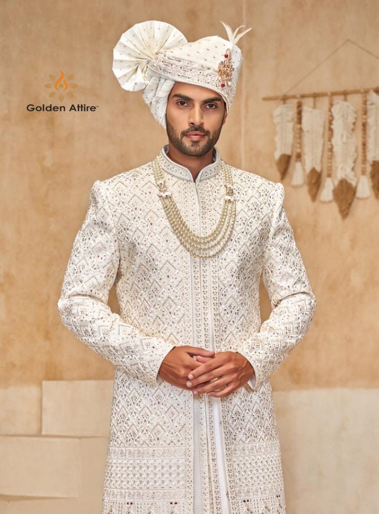 White Embroidered Groom Sherwani, Indian Wedding Outfit