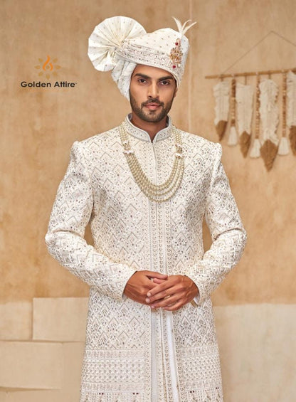 White Embroidered Groom Sherwani, Indian Wedding Outfit