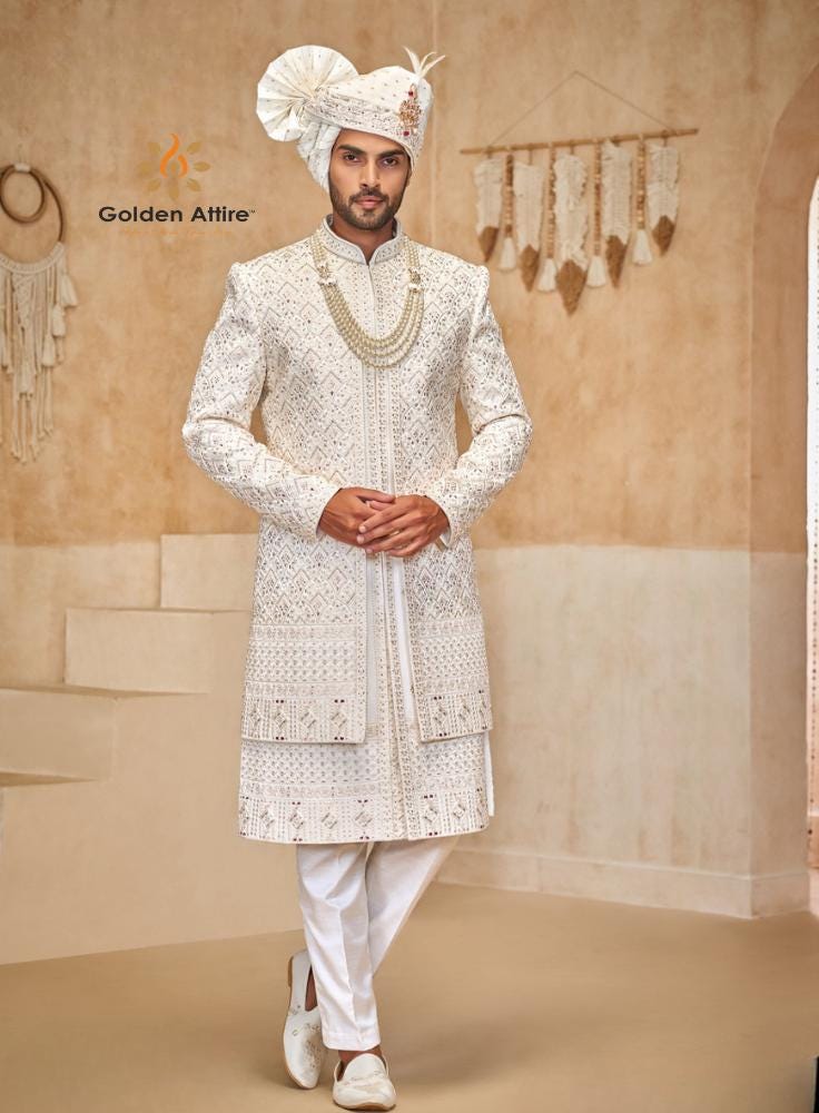 White Embroidered Groom Sherwani, Indian Wedding Outfit