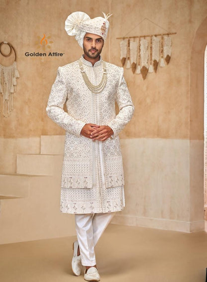 White Embroidered Groom Sherwani, Indian Wedding Outfit