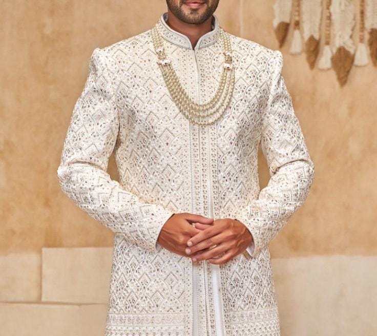 White Embroidered Groom Sherwani, Indian Wedding Outfit