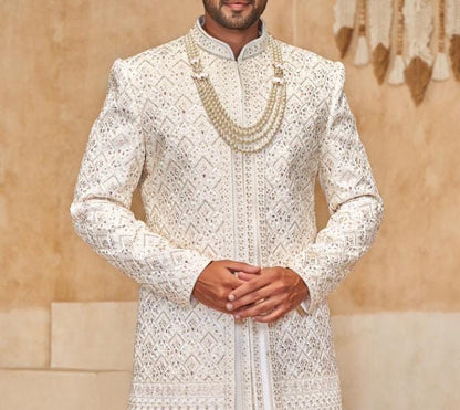White Embroidered Groom Sherwani, Indian Wedding Outfit