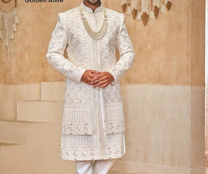 White Embroidered Groom Sherwani, Indian Wedding Outfit