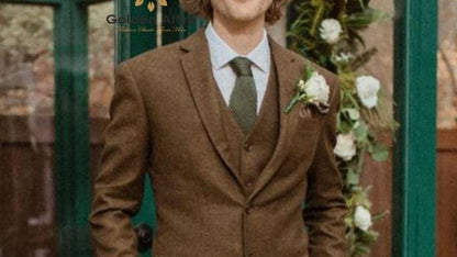 Brown Tweed Wool Suit: Men's Classic Wedding Groom Suit