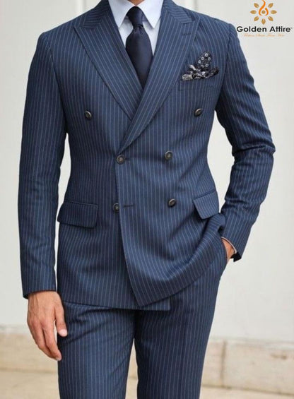 Blue Striped Double Breasted Suit: Men's 3-Piece Wedding Groom Suit
