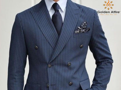 Blue Striped Double Breasted Suit: Men's 3-Piece Wedding Groom Suit