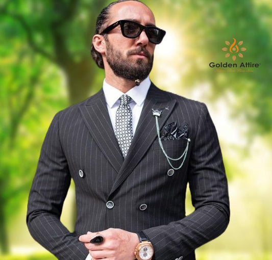 Black Pinstripe Double Breasted Suit: Men's 3-Piece Wedding Groom Dinner Suit
