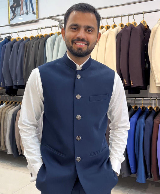 Blue Nehru Jacket: Men's Modi Waistcoat, Groom Wedding Jacket
