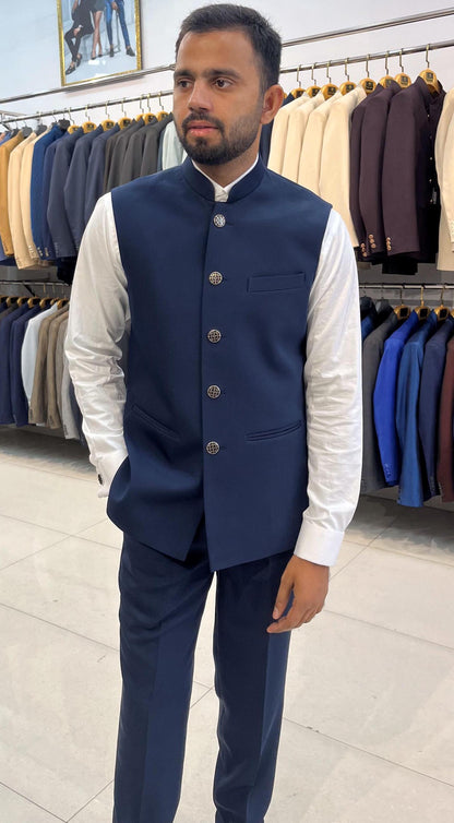 Blue Nehru Jacket: Men's Modi Waistcoat, Groom Wedding Jacket