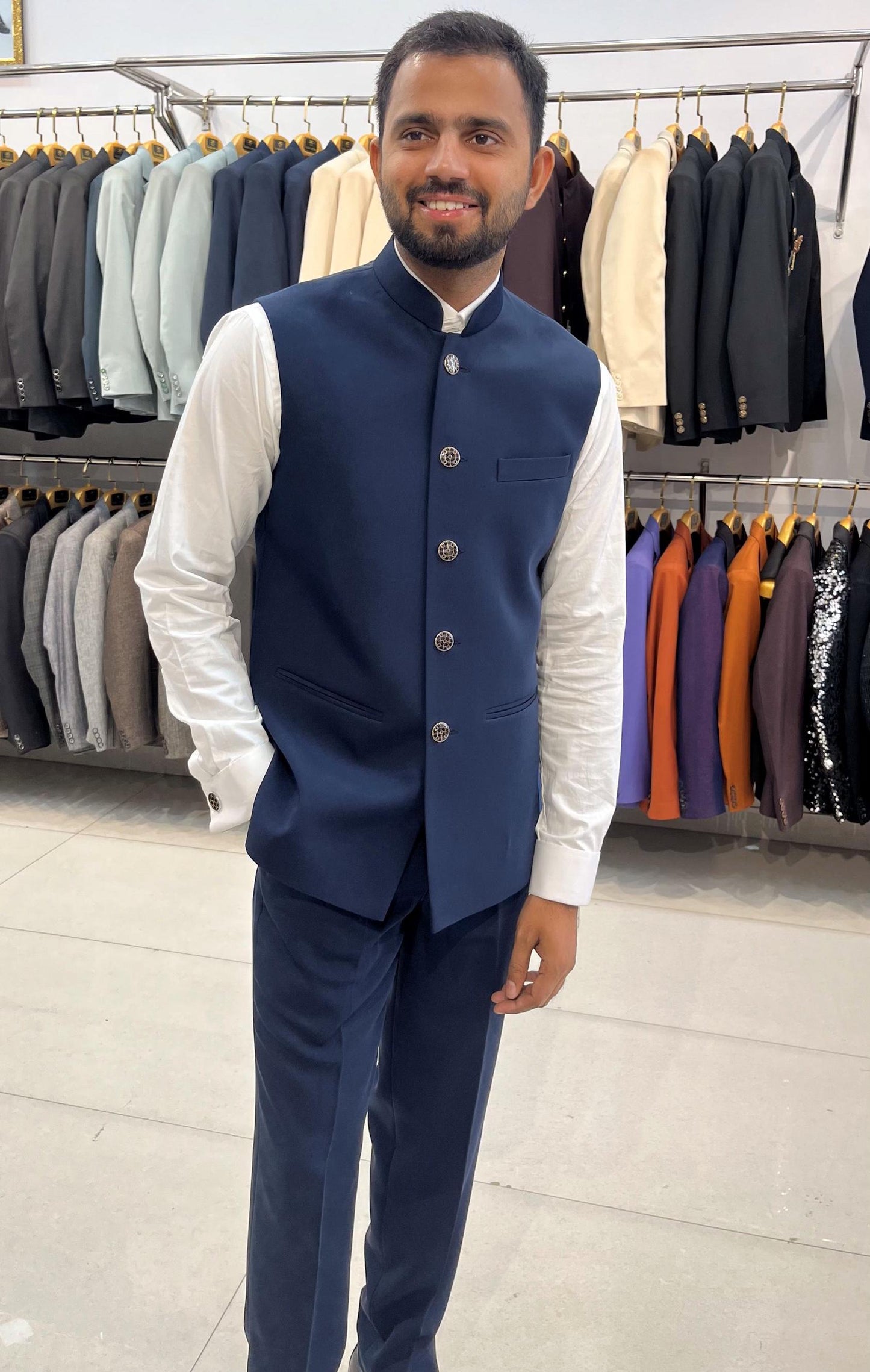 Blue Nehru Jacket: Men's Modi Waistcoat, Groom Wedding Jacket