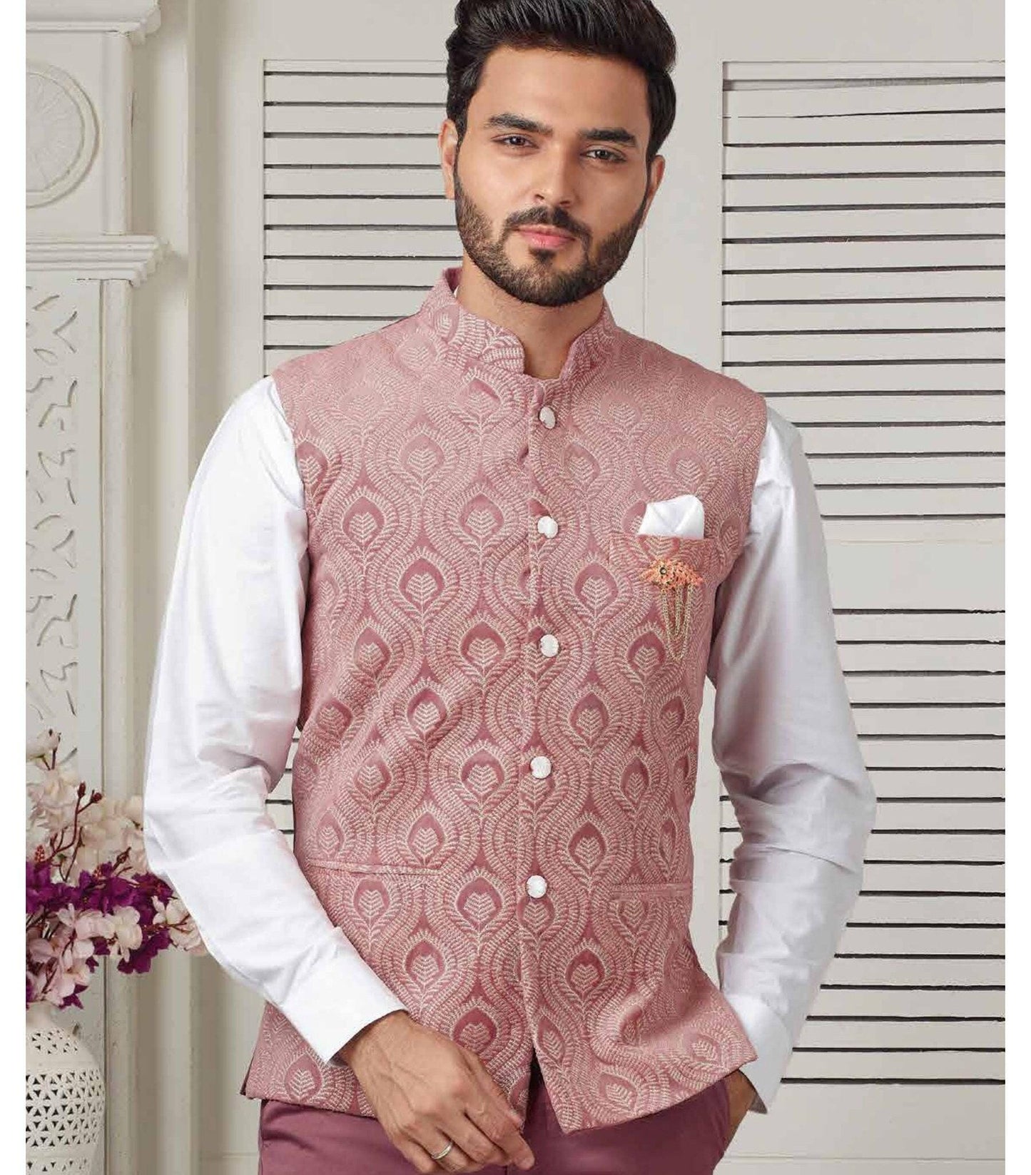 Dusty Rose Embroidered Nehru Jacket, Men's Modi Wedding Groom Jacket, thread embroidery waistcoat