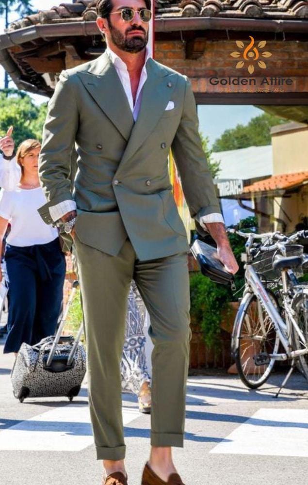 Green Double Breasted Men's Suit, Classic Wedding Groom Suit