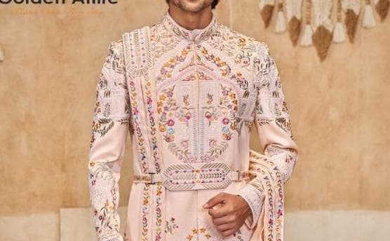 Rosewater Pink Sherwani for Groom, Handcrafted Classic Suit