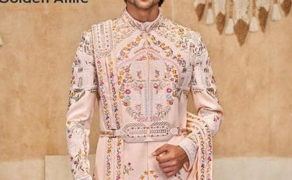 Rosewater Pink Sherwani for Groom, Handcrafted Classic Suit