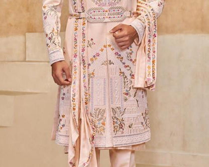 Rosewater Pink Sherwani for Groom, Handcrafted Classic Suit