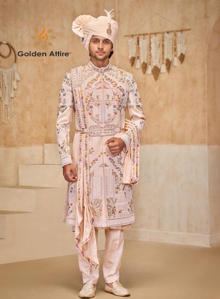 Rosewater Pink Sherwani for Groom, Handcrafted Classic Suit