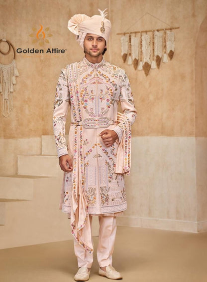 Rosewater Pink Sherwani for Groom, Handcrafted Classic Suit