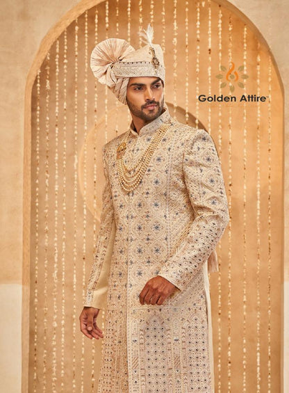 Soft Beige Groom Sherwani, Royal Wedding Outfit