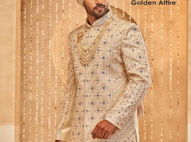Soft Beige Groom Sherwani, Royal Wedding Outfit