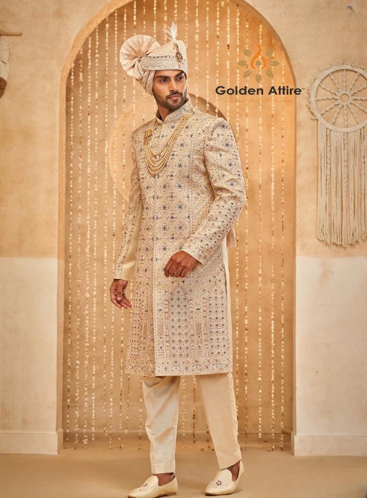 Soft Beige Groom Sherwani, Royal Wedding Outfit