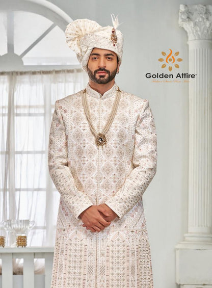 Warm White Sherwani for Men, Indian Wedding Outfit, Groom Attire