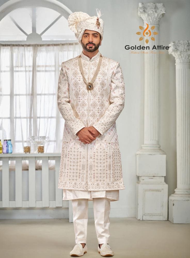 Warm White Sherwani for Men, Indian Wedding Outfit, Groom Attire