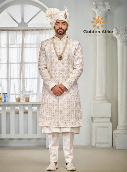 Warm White Sherwani for Men, Indian Wedding Outfit, Groom Attire