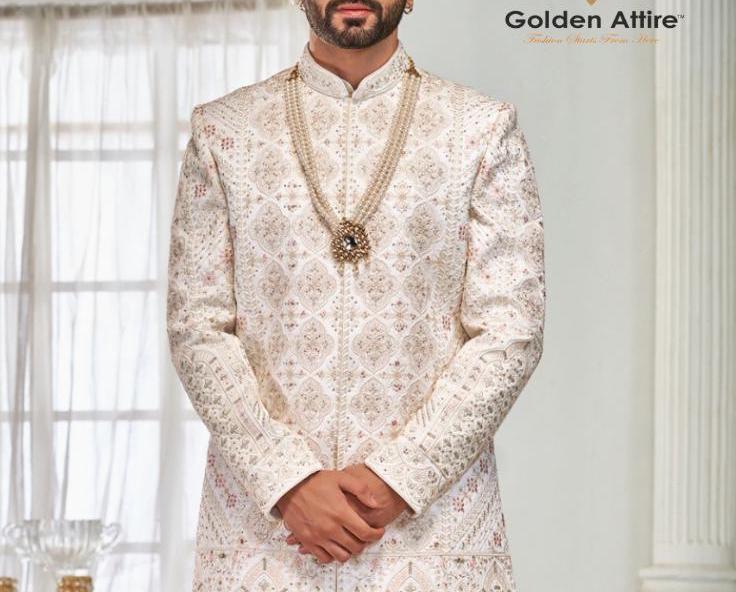 Warm White Sherwani for Men, Indian Wedding Outfit, Groom Attire