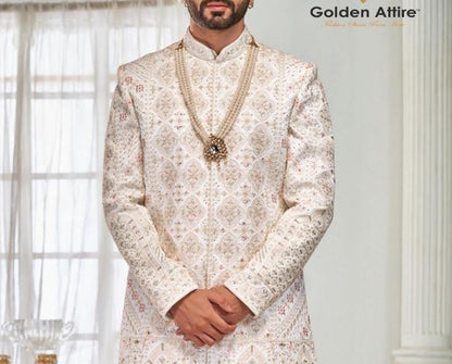 Warm White Sherwani for Men, Indian Wedding Outfit, Groom Attire