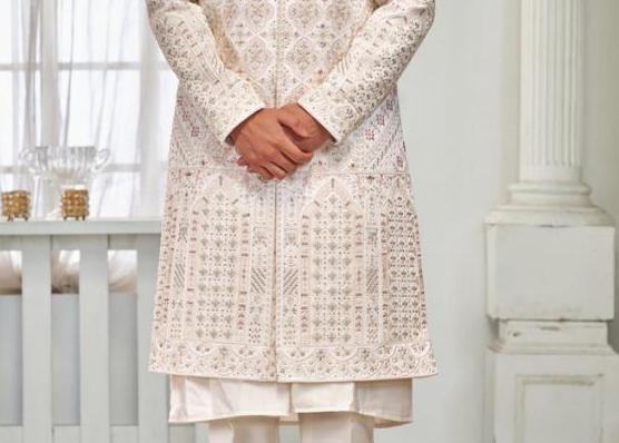 Warm White Sherwani for Men, Indian Wedding Outfit, Groom Attire