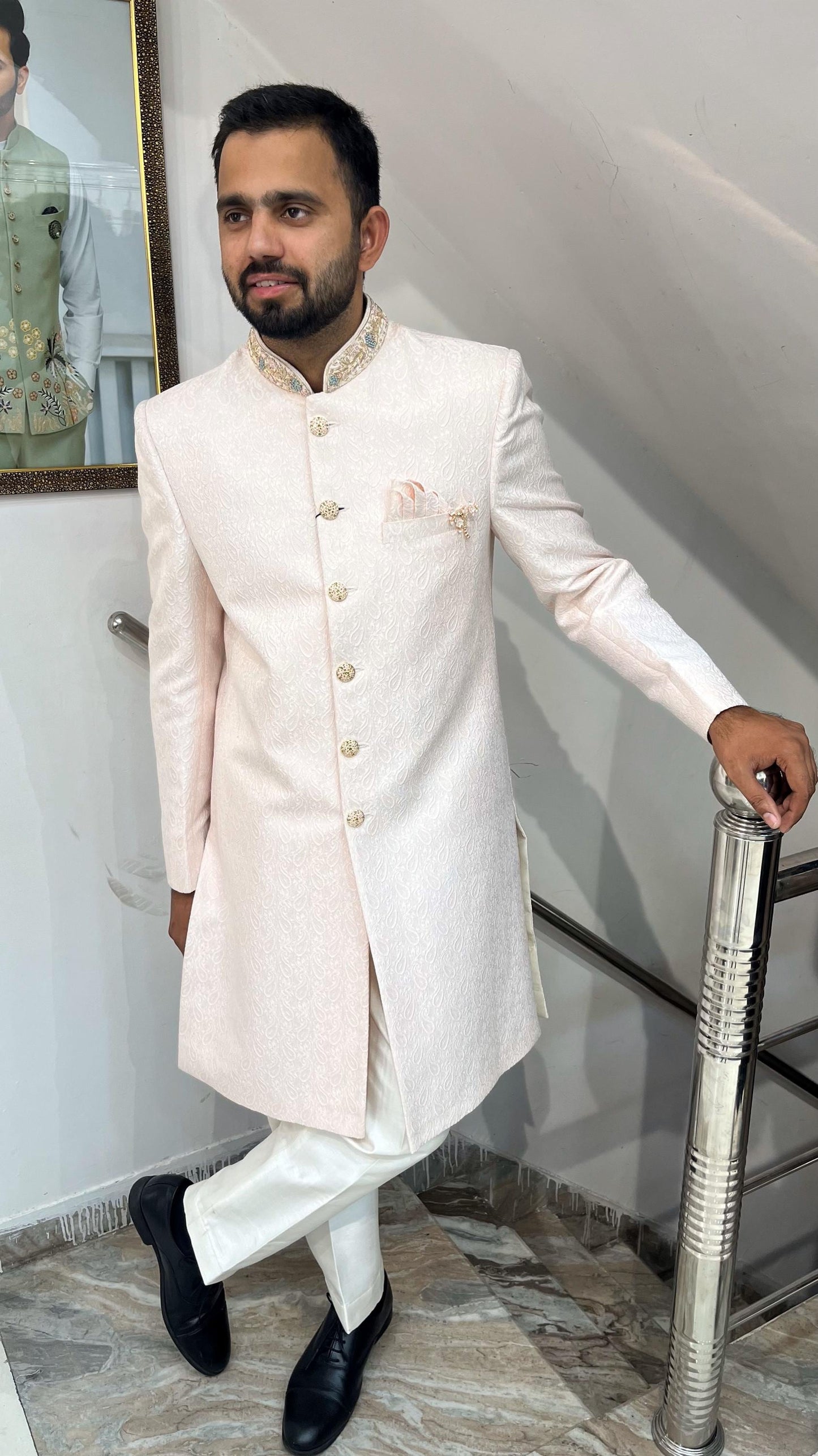 Powder Pink Groom Sherwani, Indo Western Wedding Suit