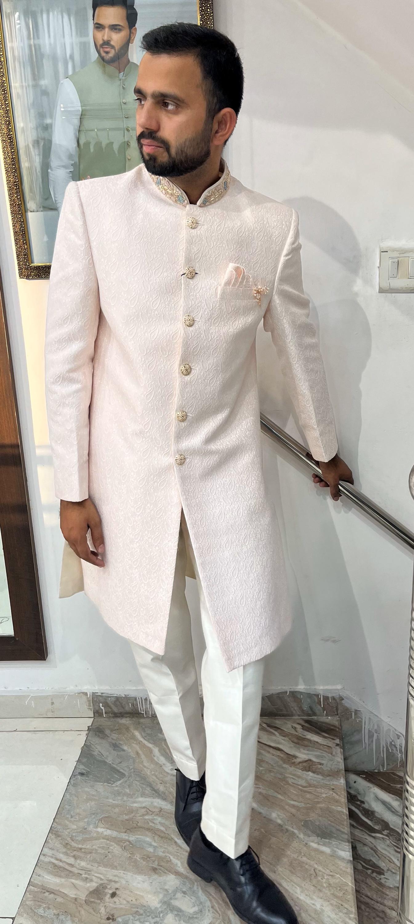 Powder Pink Groom Sherwani, Indo Western Wedding Suit