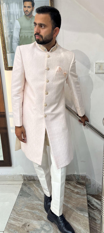Powder Pink Groom Sherwani, Indo Western Wedding Suit