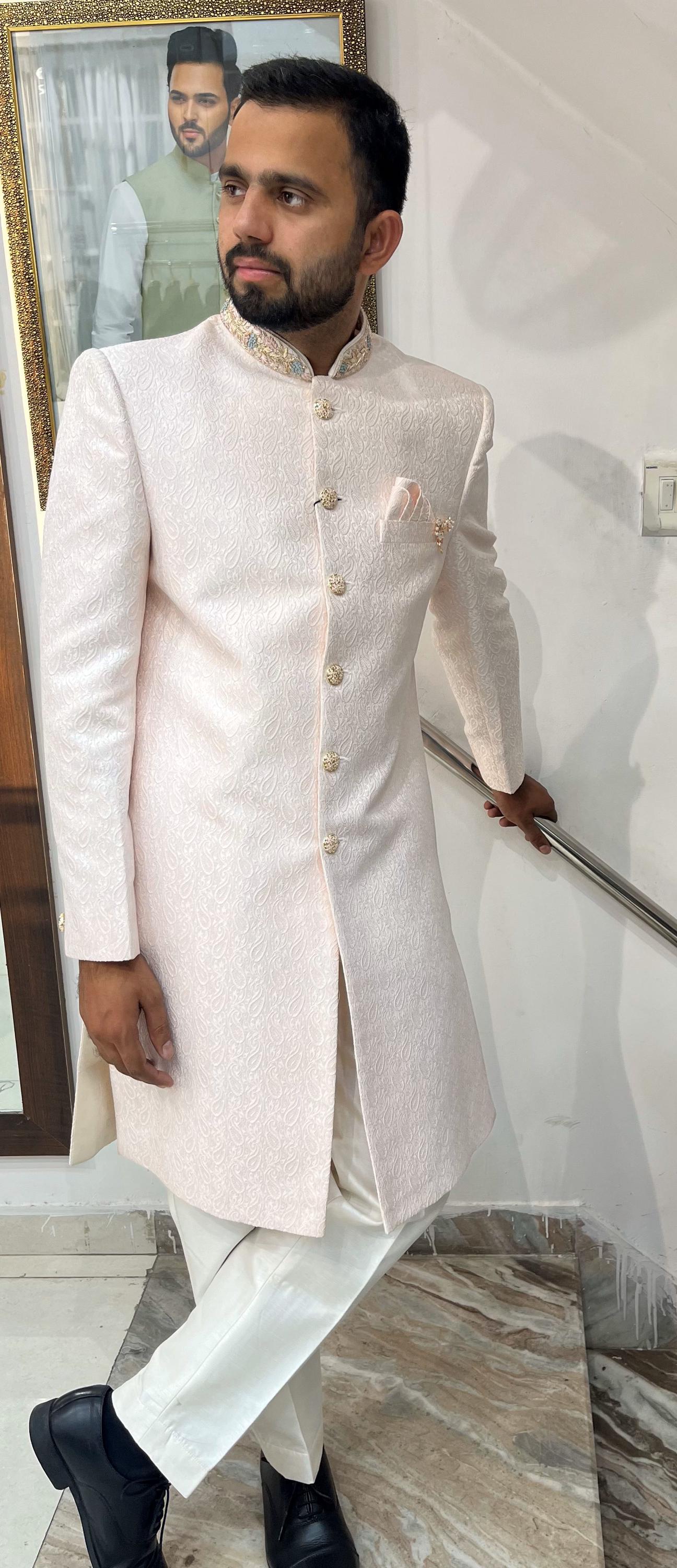 Powder Pink Groom Sherwani, Indo Western Wedding Suit