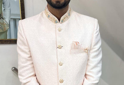 Powder Pink Groom Sherwani, Indo Western Wedding Suit