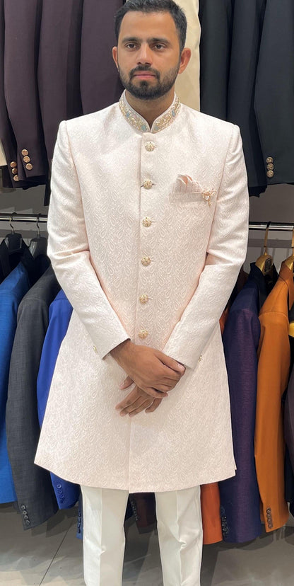 Powder Pink Groom Sherwani, Indo Western Wedding Suit