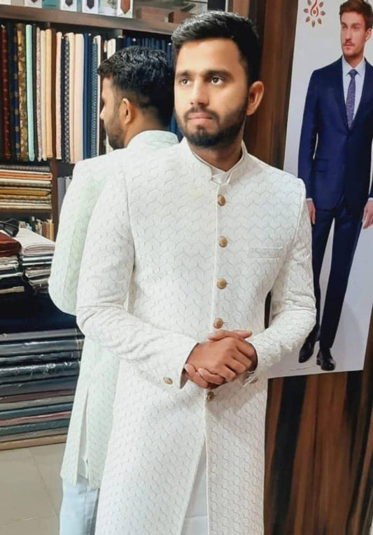 Ivory Velvet Indo Western Sherwani for Men, Custom Fit Groom Achkan Set