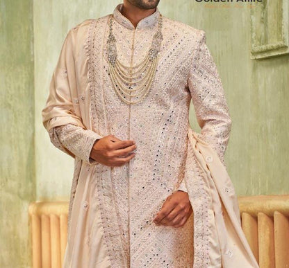 Coral Pink Sherwani for Men, Indian Wedding Groom Outfit