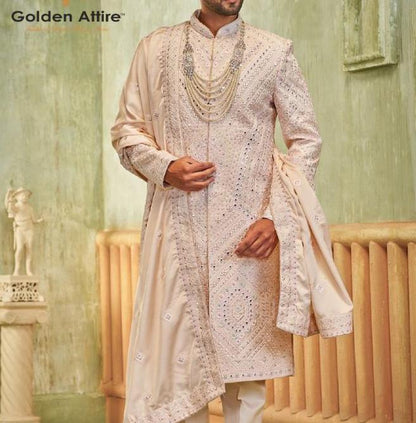 Coral Pink Sherwani for Men, Indian Wedding Groom Outfit