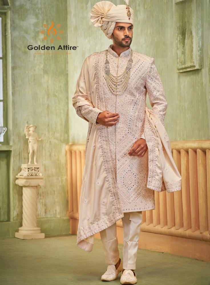 Coral Pink Sherwani for Men, Indian Wedding Groom Outfit
