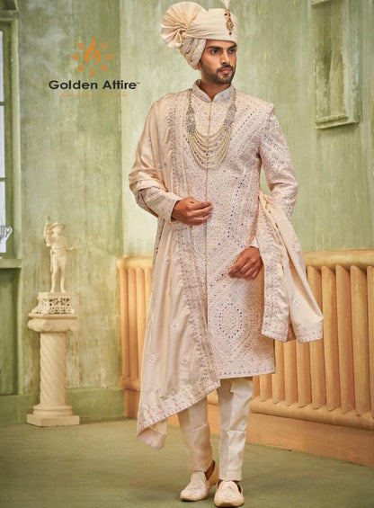 Coral Pink Sherwani for Men, Indian Wedding Groom Outfit