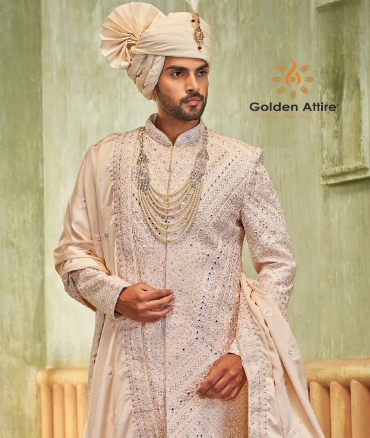 Coral Pink Sherwani for Men, Indian Wedding Groom Outfit
