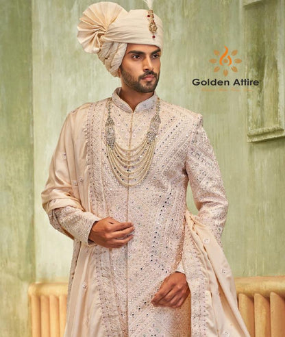 Coral Pink Sherwani for Men, Indian Wedding Groom Outfit