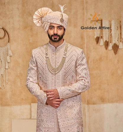 Exquisite Pastel Pink Groom Sherwani: Indian Wedding Outfit