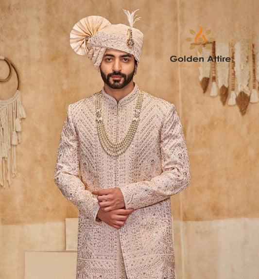 Exquisite Pastel Pink Groom Sherwani: Indian Wedding Outfit