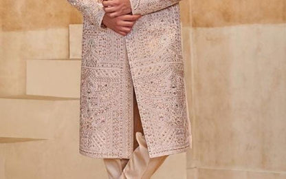 Exquisite Pastel Pink Groom Sherwani: Indian Wedding Outfit