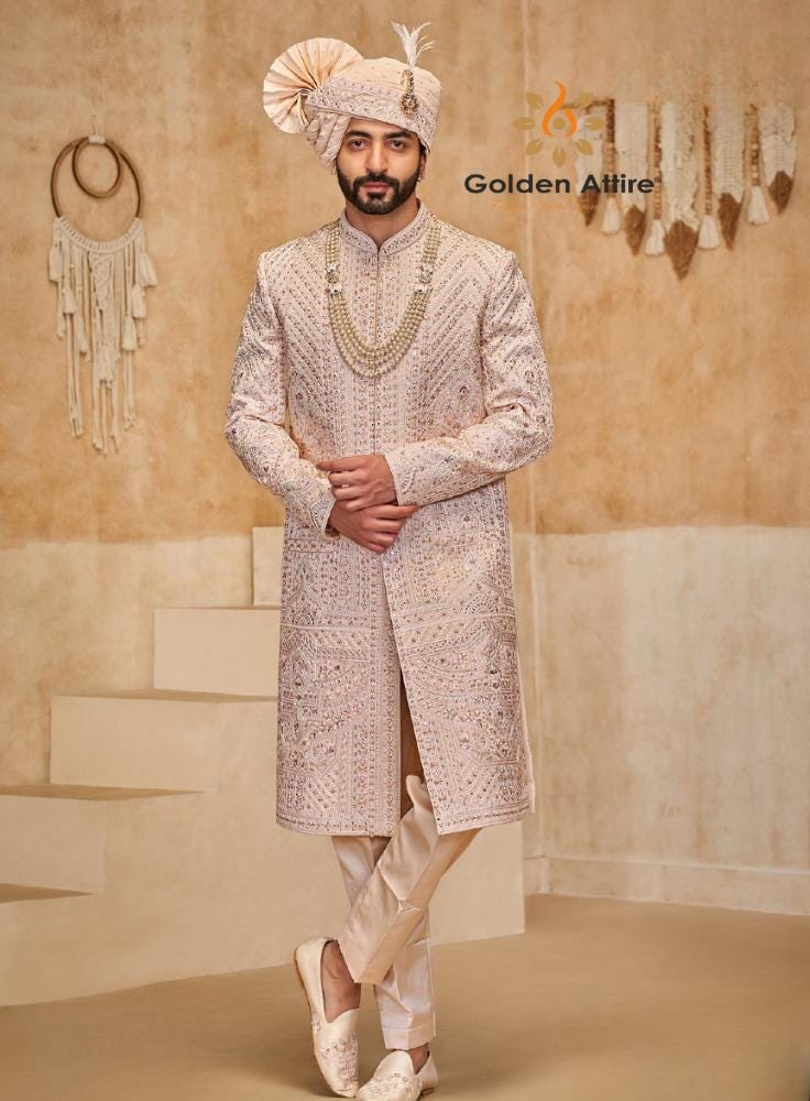 Exquisite Pastel Pink Groom Sherwani: Indian Wedding Outfit