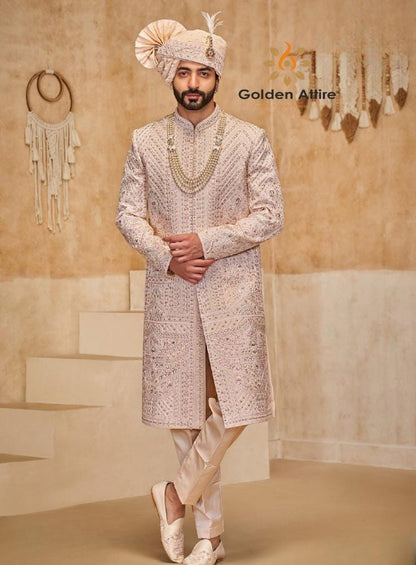 Exquisite Pastel Pink Groom Sherwani: Indian Wedding Outfit